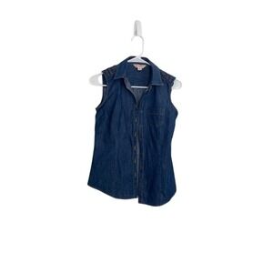 Brooks Brothers Red Fleece Denim Vest Women 0‎ Blue Sleeveless Button Down Top